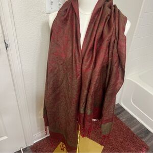 Pashmina wine red and gray-ish green patterned scarf silk paisley shawl fall
